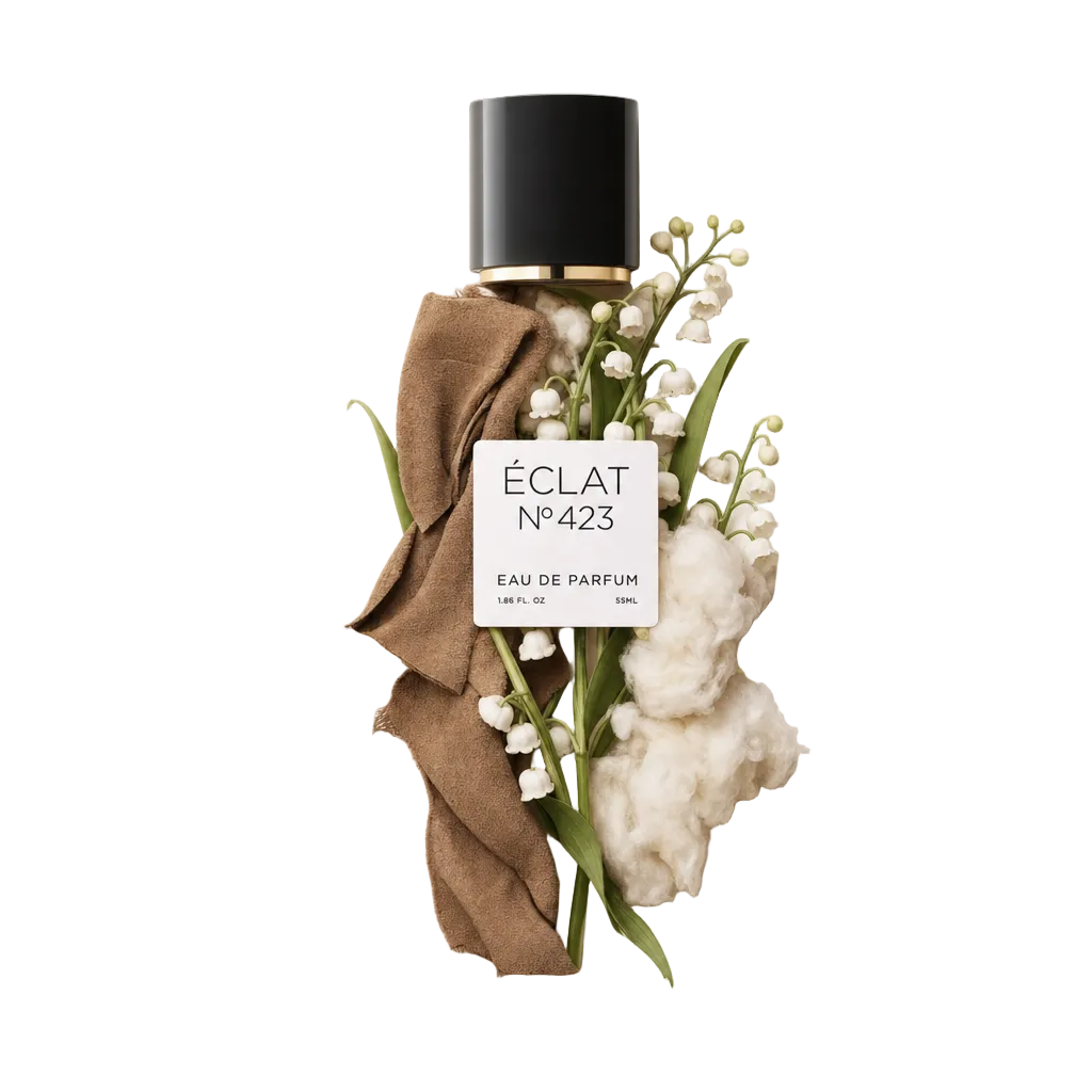 Een arrangement van suède stof, lelietje-van-dalenbloemen en zachte wol omringt de originele zwarte dop met ÉCLAT-etiket.
