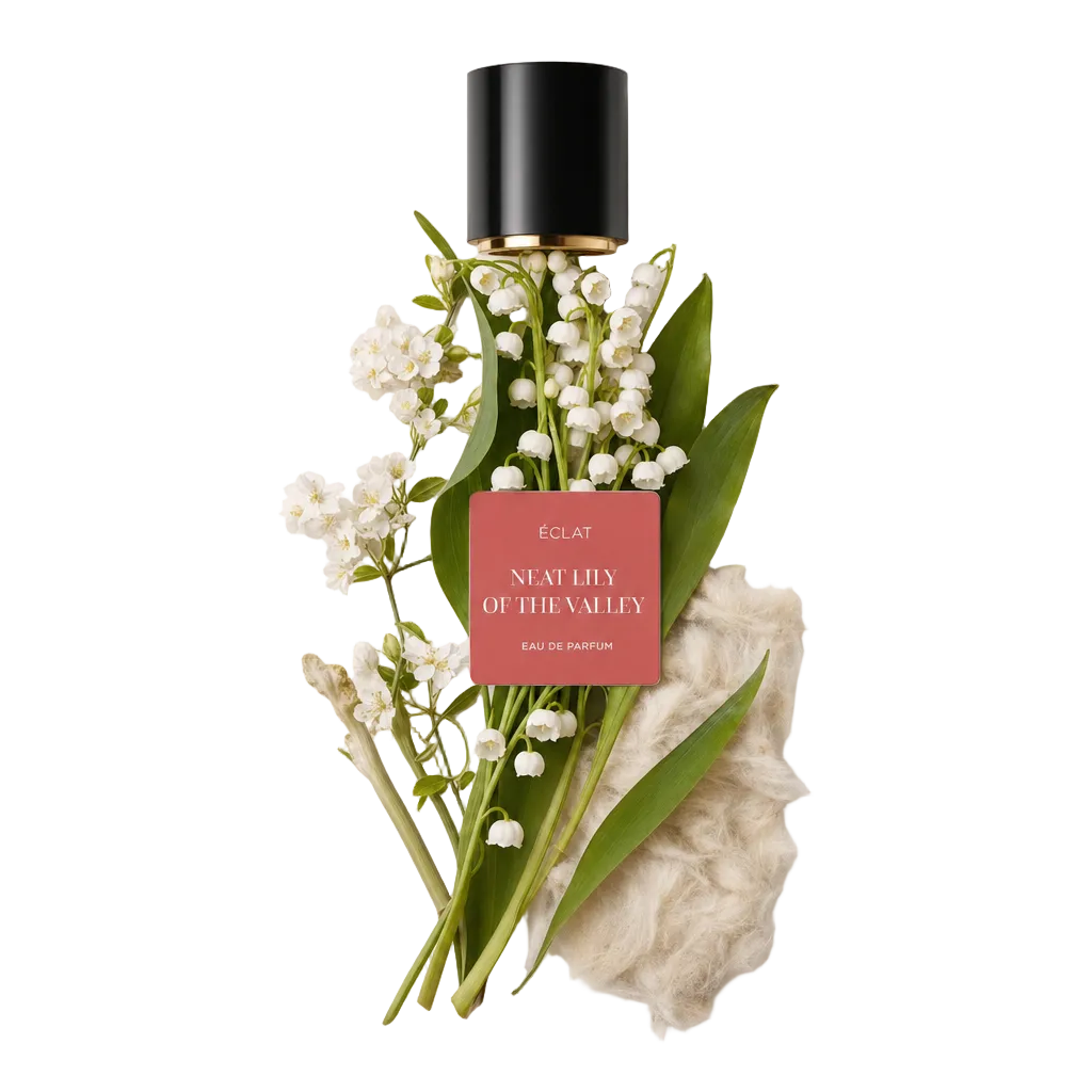 Un arrangement de muguet et de feuilles avec un bouchon noir portant l'étiquette ÉCLAT Neat Lily of the Valley, posé sur un fond à texture douce.