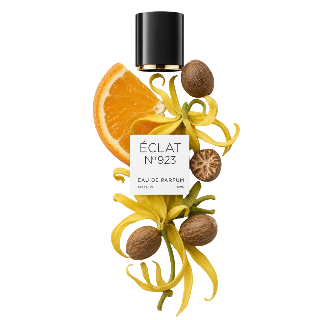 Une composition de noix de muscade, fleurs d'ylang-ylang et tranche d'orange entoure l'étiquette ÉCLAT et un bouchon noir avec anneau doré.