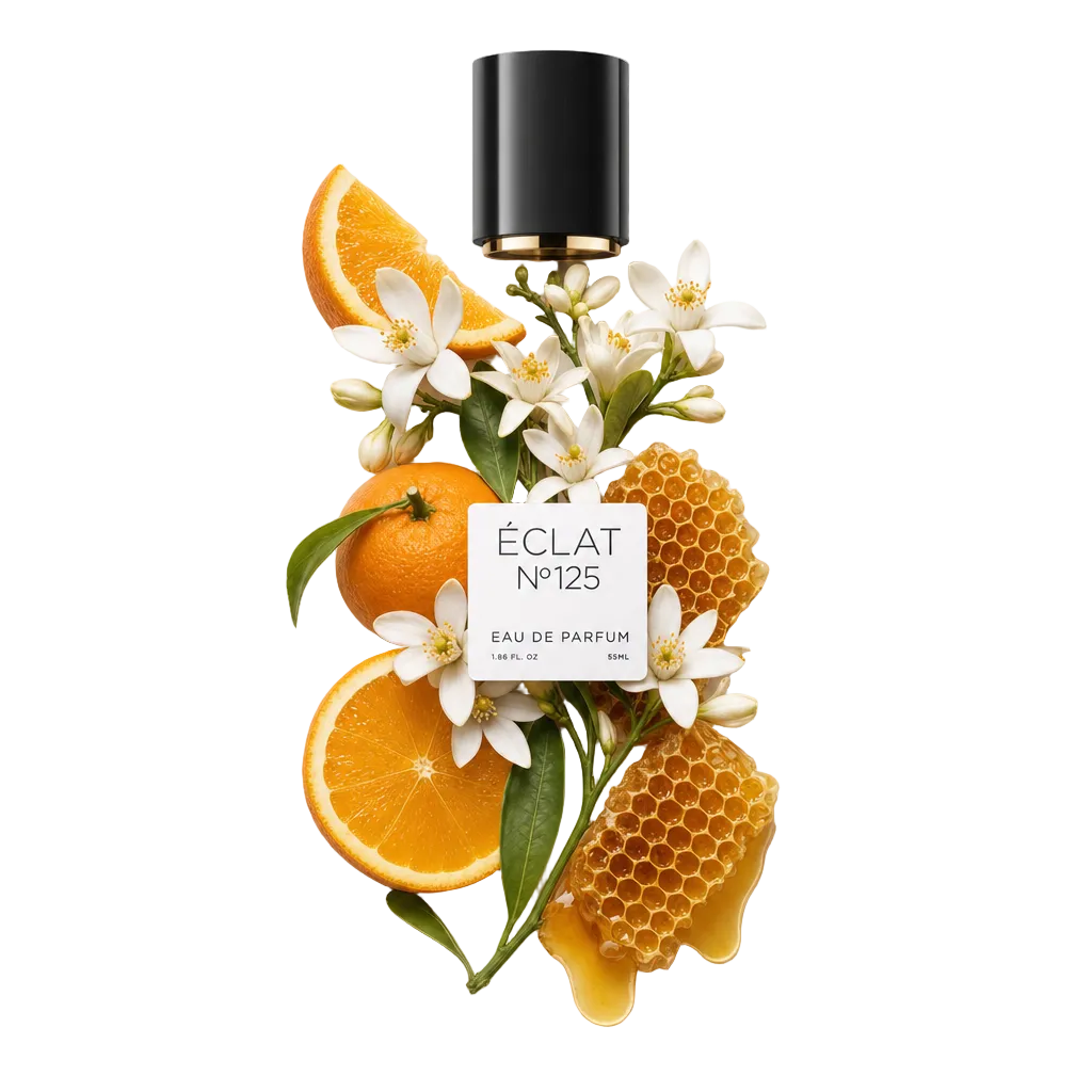 An arrangement of orange slices, blossoms, and honeycomb with a black cap featuring an ÉCLAT label.