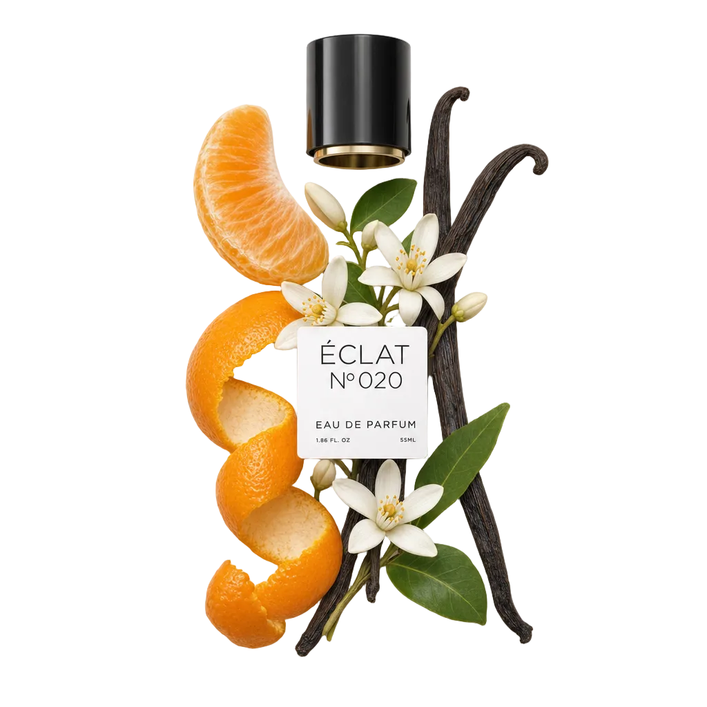 Un bouchon noir avec une étiquette repose au-dessus d'une composition de tranches d'orange, de gousses de vanille et de délicates fleurs blanches avec des feuilles vertes, représentant ÉCLAT Orange Blossom & Vanilla.
