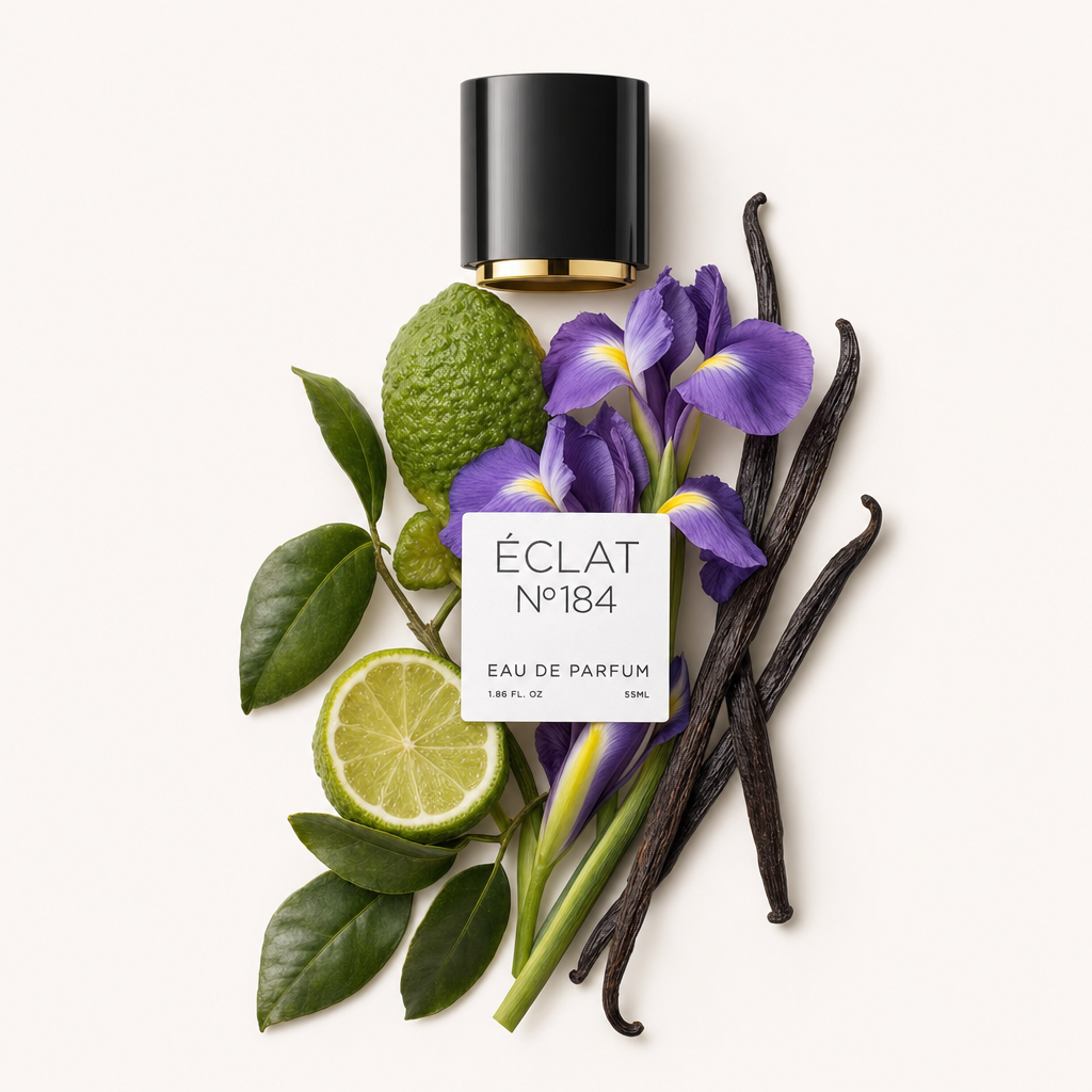 Un arrangement de bergamote, tranche de citron vert, fleurs d'iris violettes et gousses de vanille, avec un capuchon noir et une bande dorée et une étiquette ÉCLAT.