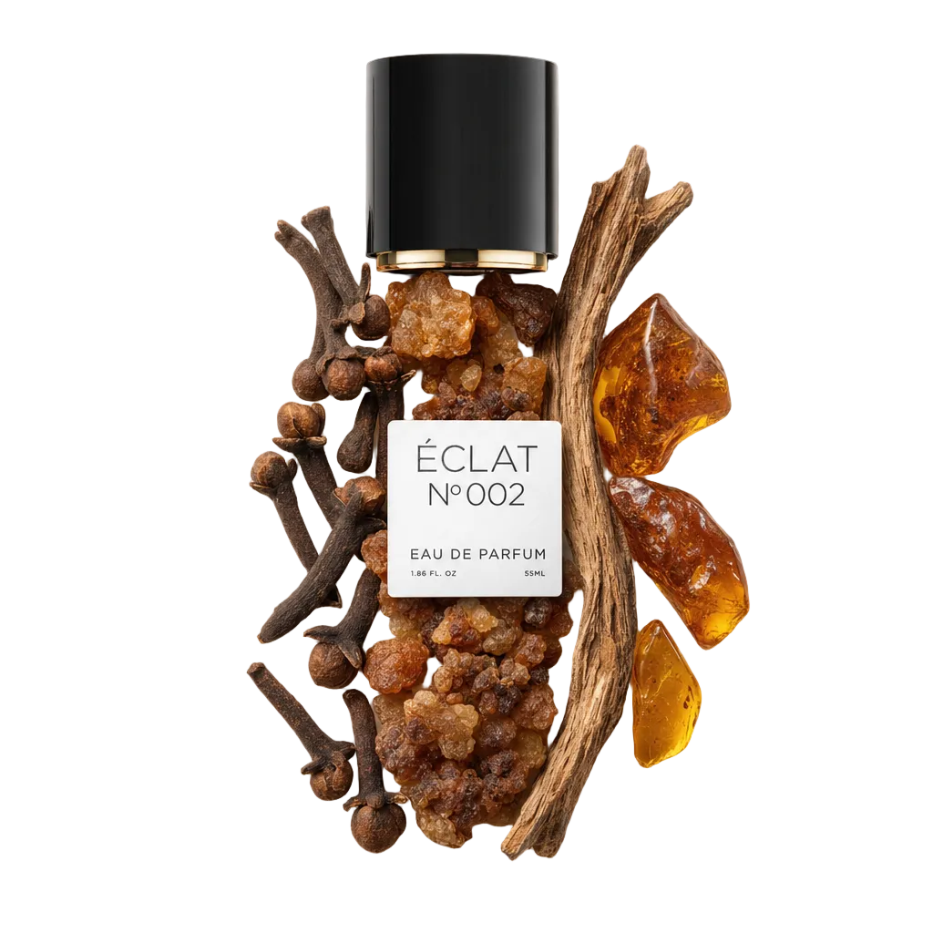 Een arrangement van kruidnagels, mirre-hars en amberstukken omringt een zwarte dop met ÉCLAT Oriental Myrrh-etiket.