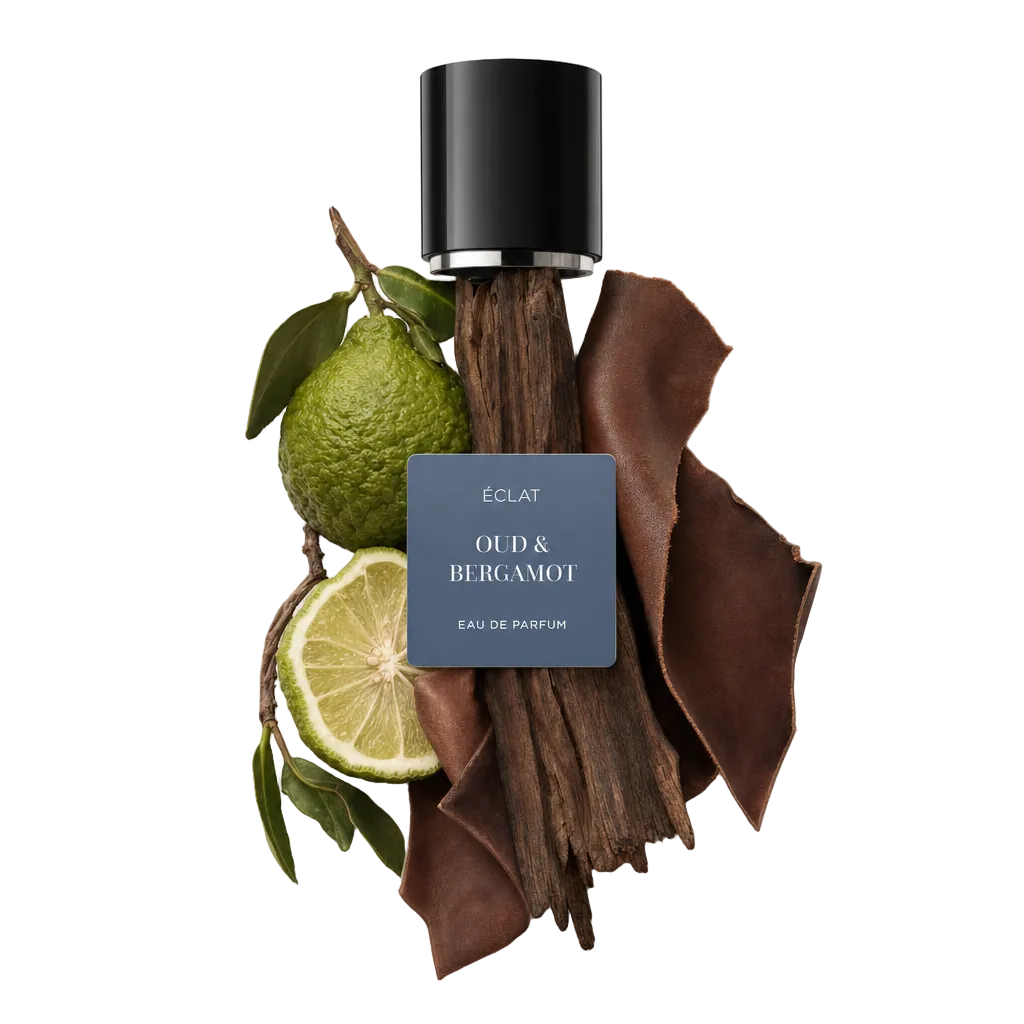 Un arrangement de bergamote fraîche, agrume tranché, bois de oud riche et cuir, orné du capuchon noir d'ÉCLAT avec étiquette.