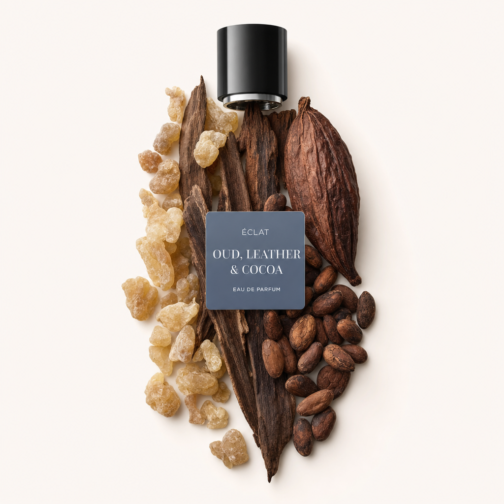 Un arrangement de bois d'oud brut, de fèves de cacao dans une cosse et de morceaux de cuir séché autour d'un capuchon noir avec l'étiquette ÉCLAT Oud, Leather & Cocoa.