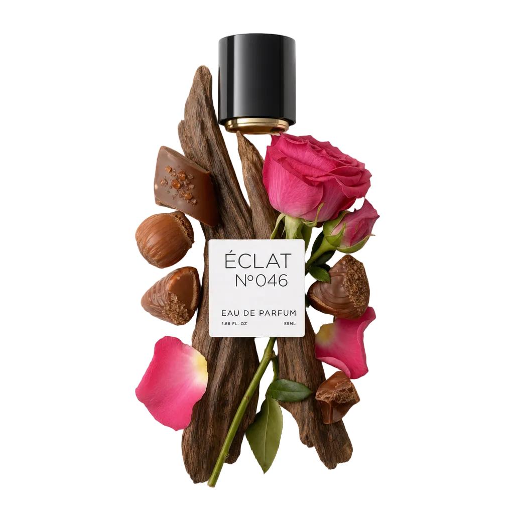 Un arrangement de bois d’oud, pralines et roses, mettant en valeur le capuchon noir avec étiquette ÉCLAT.
