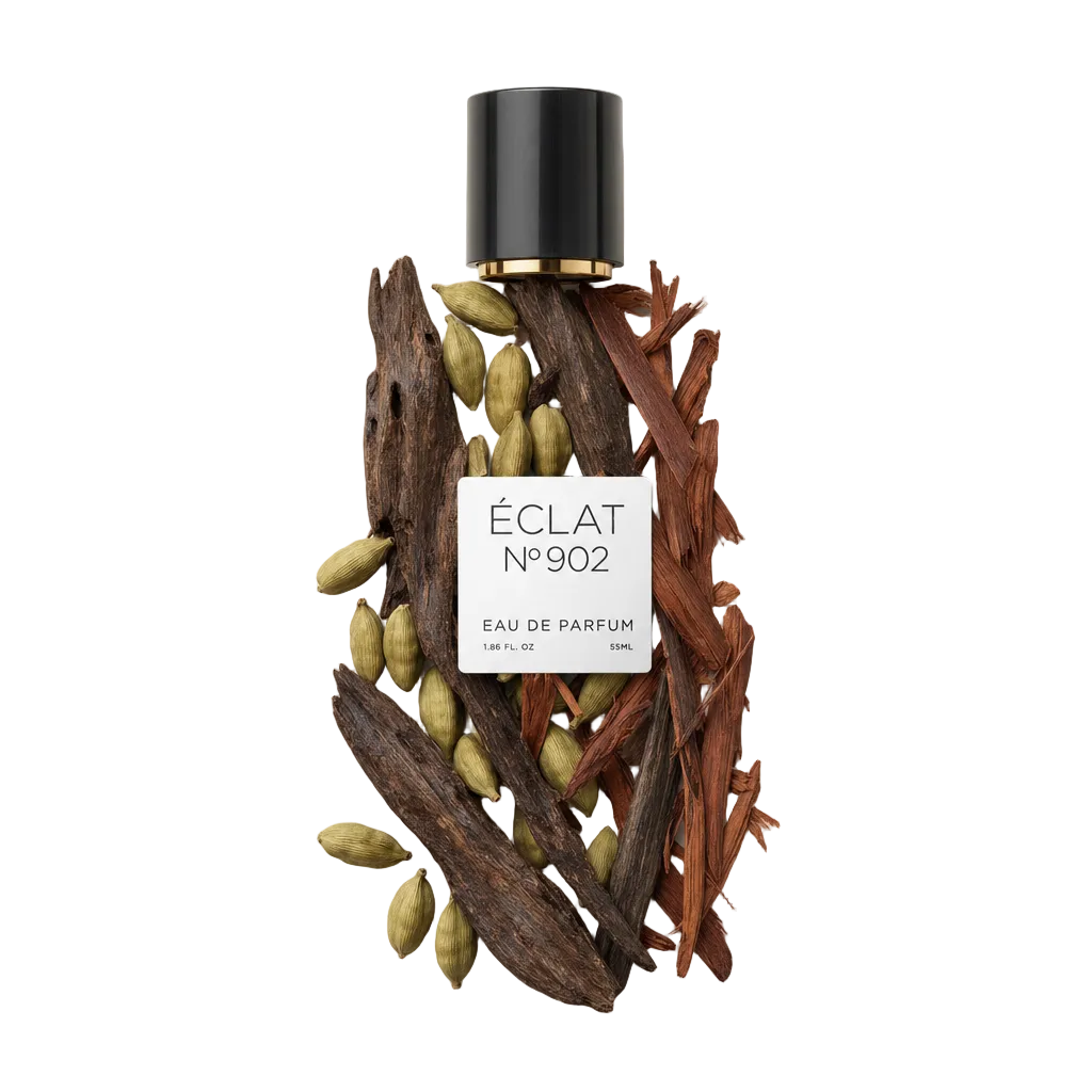 Un arreglo de palo de rosa y cardamomo rodea una tapa negra con etiqueta, representando ÉCLAT VIP - Oud & Rosewood.