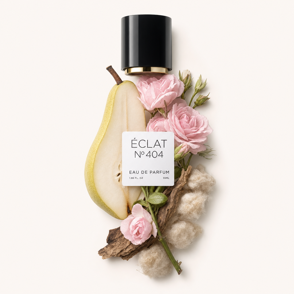 An arrangement featuring a halved pear, delicate pink roses, rustic wood, and soft cotton fluffs surrounding a black ÉCLAT cap with a label.