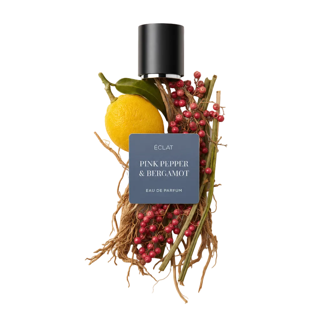Un arrangement de baies de poivre rose, d'une bergamote jaune et d'herbes sèches entoure un capuchon noir avec une étiquette ÉCLAT Pink Pepper & Bergamot.