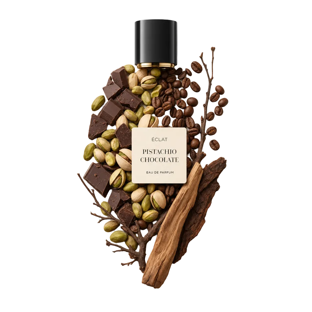 An arrangement of chocolate pieces, pistachios, coffee beans, and wood, with a black cap and label of ÉCLAT Pistachio Chocolate on top.