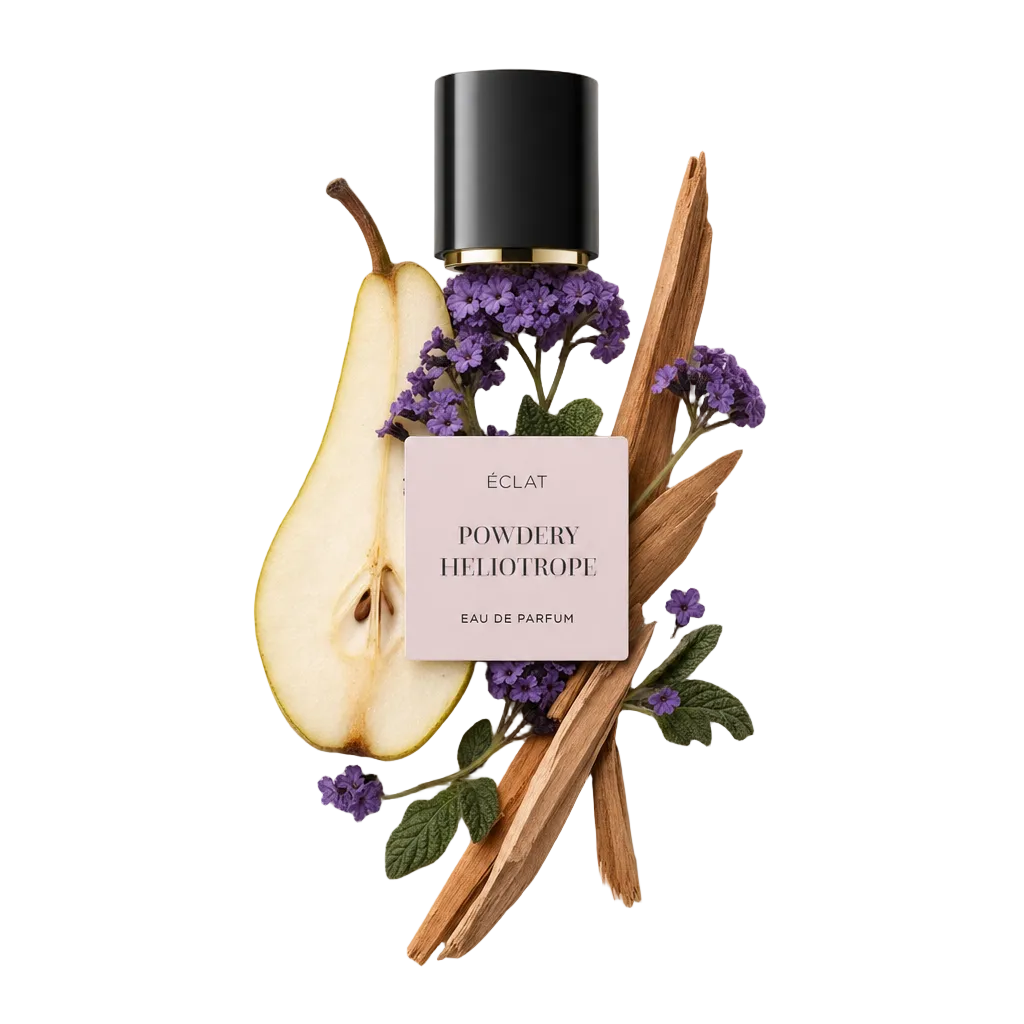 An arrangement of purple heliotrope flowers, a sliced pear, green leaves, and wooden sticks surrounds a black cap with a label for ÉCLAT Powdery Heliotrope.