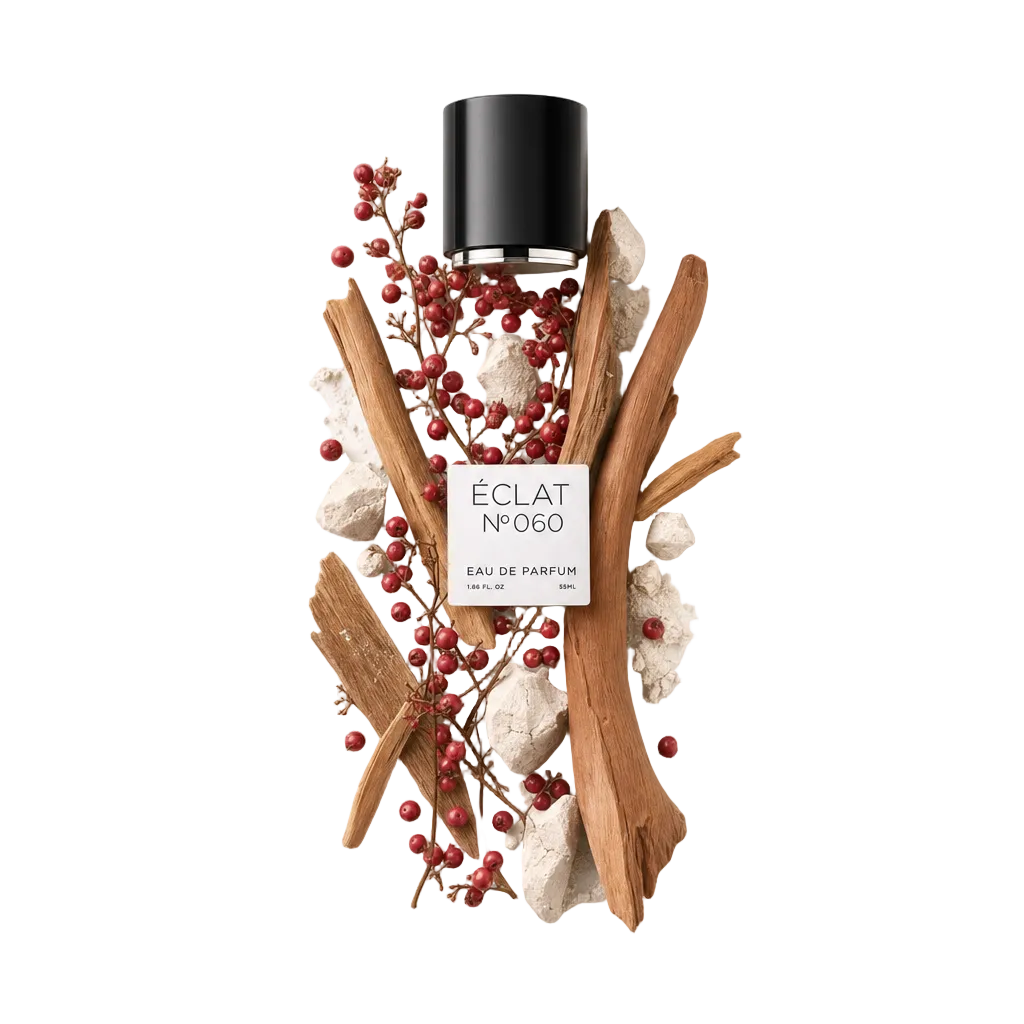 An arrangement of red berries and laurel leaves alongside textured stone fragments surrounds a black cap with ÉCLAT Powdery Laurel Leaf label.
