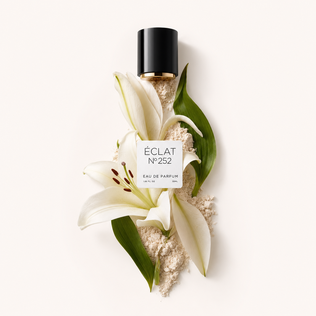 Ett arrangemang av vita liljeblad, gröna blad och ett stänk av puder omger den ursprungliga svarta korken med etiketten ÉCLAT Powdery Lily.