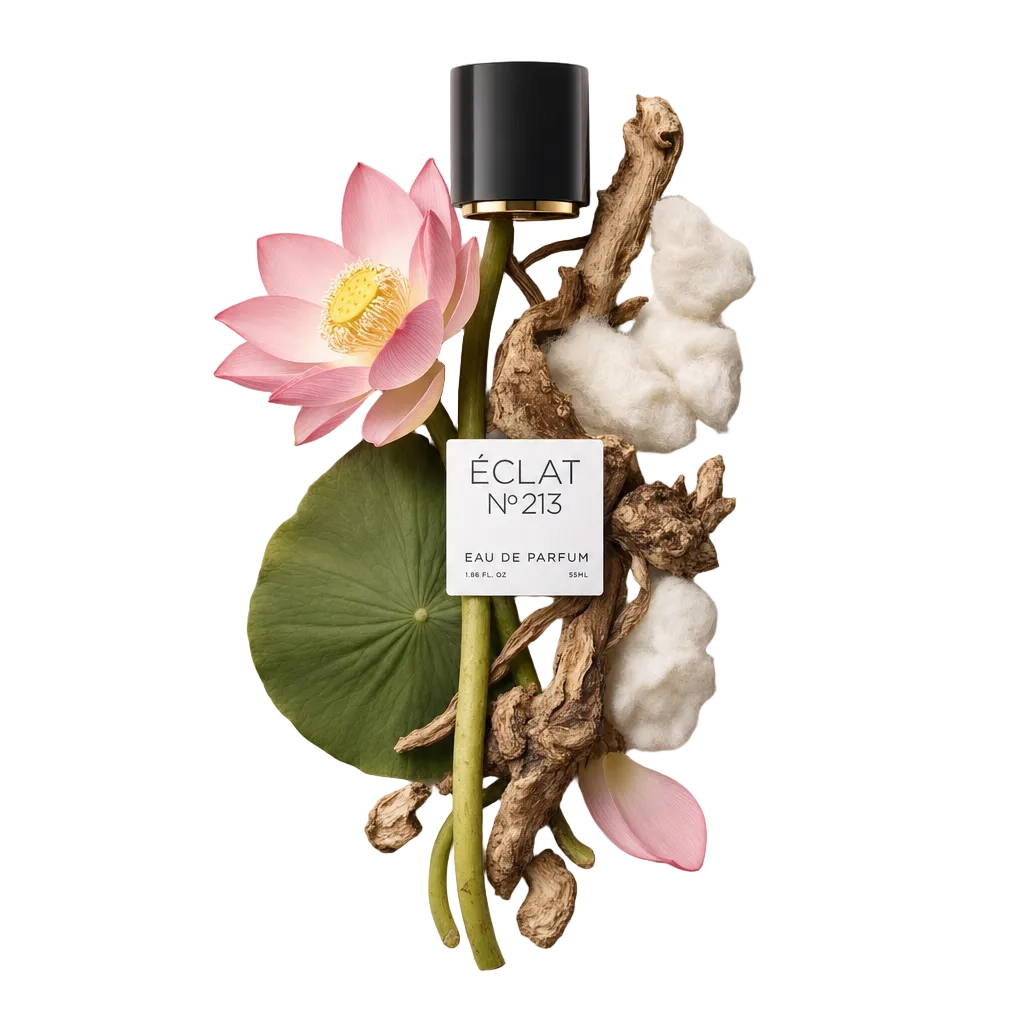 Een arrangement van een roze lotus, groen blad, houtstructuren en katoen, vergezeld door een zwarte dop met ÉCLAT Powdery Lotus-etiket.