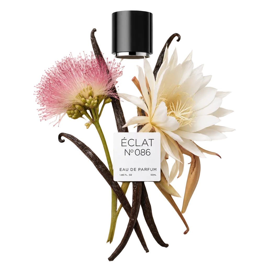 An arrangement of white and pink flowers with vanilla pods elegantly surrounds a black cap labeled ÉCLAT Queen Of The Night & Vanilla.