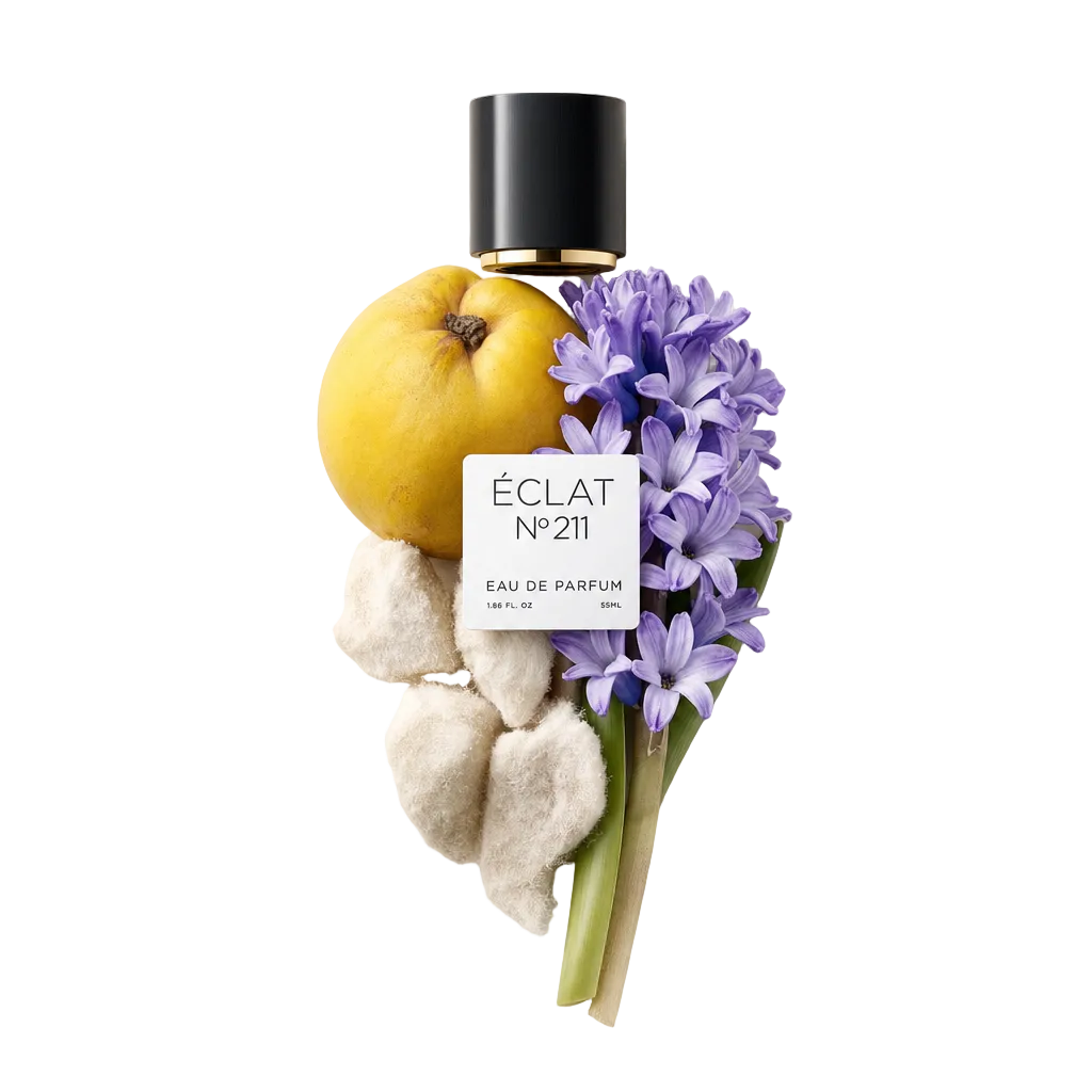 Een arrangement van kweepeer, paarse hyacinten en zachte elementen omringt een zwarte dop met ÉCLAT-label.