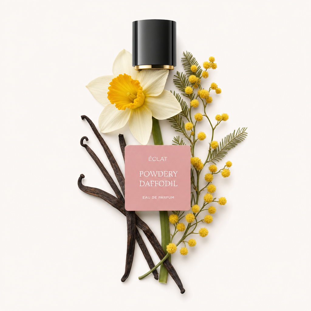 Un arrangement de gousses de vanille, une jonquille et des fleurs de mimosa autour d'un capuchon noir avec un accent doré portant l'inscription ÉCLAT Powdery Daffodil.