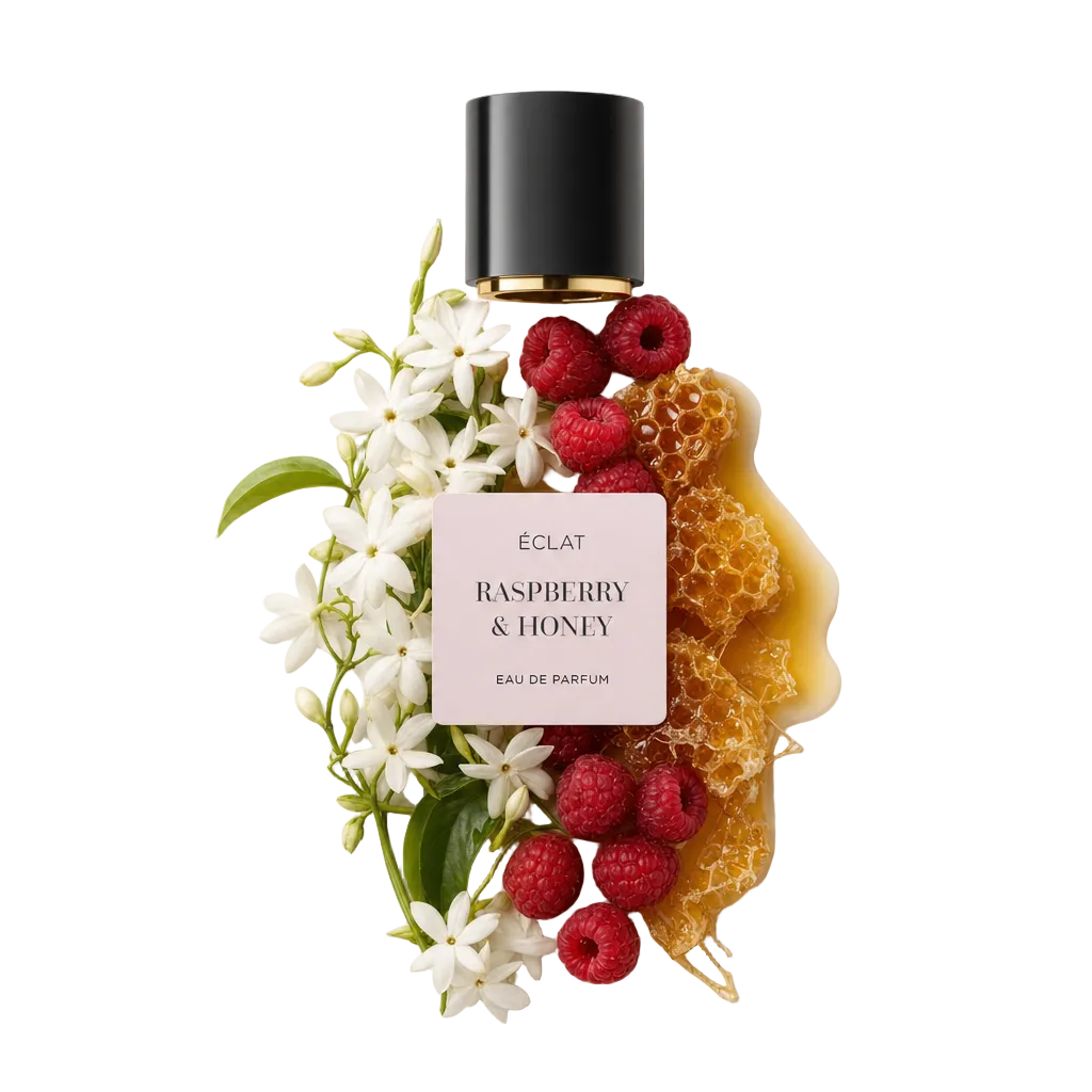 Una elegante disposición de frambuesas frescas, panal y flores de jazmín rodea una tapa negra con etiqueta ÉCLAT Raspberry & Honey.