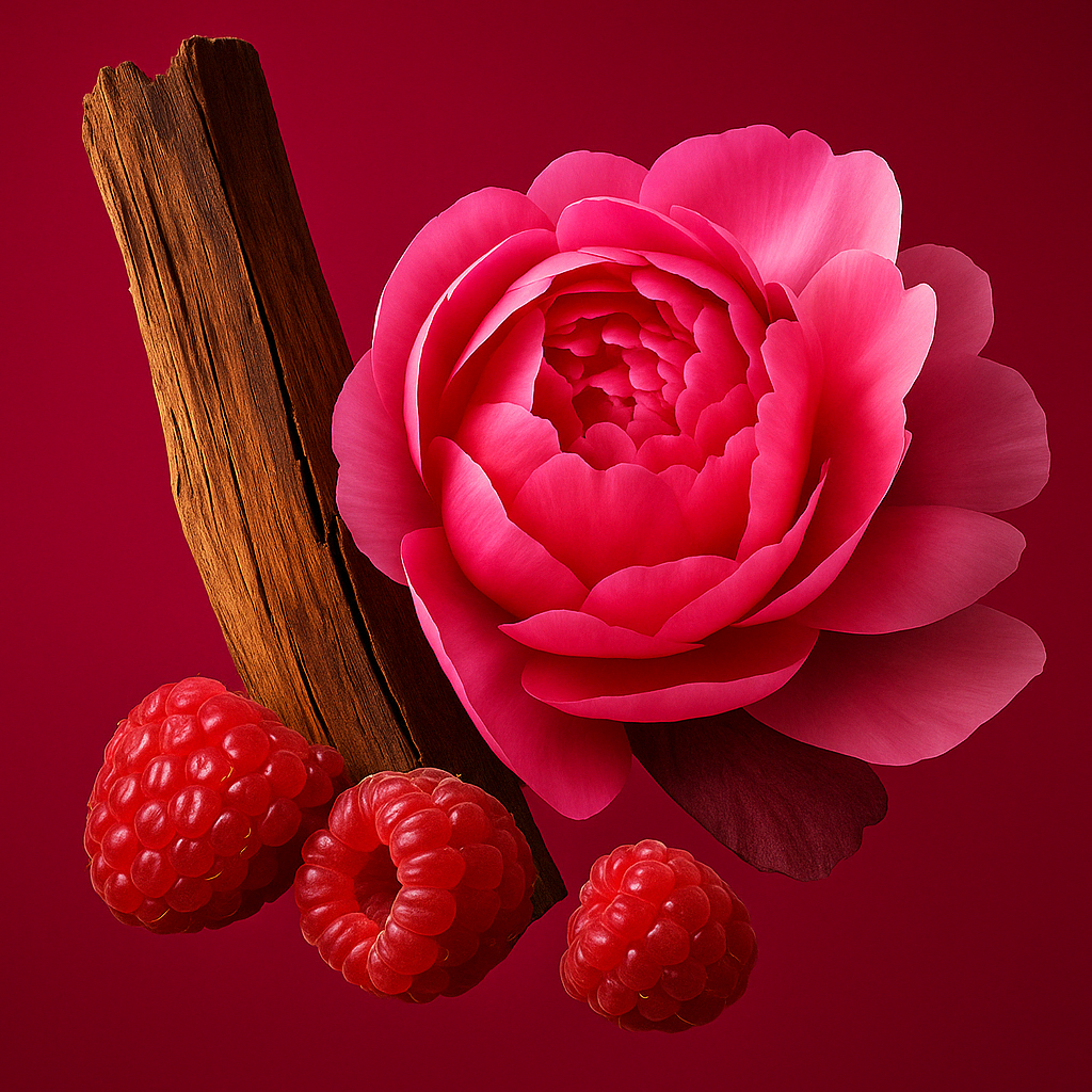 Une composition vibrante de framboise, fleur de rose et bâton de cannelle sur un fond rouge riche.