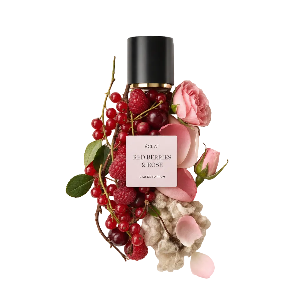 Un arrangement de baies rouges, framboises et roses roses entoure un bouchon noir avec étiquette ÉCLAT Red Berries & Rose.