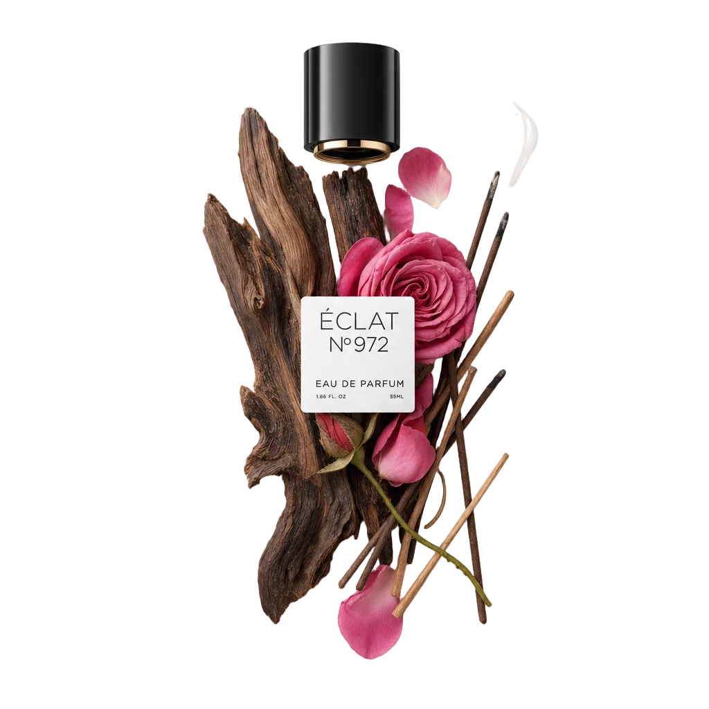 An artful arrangement featuring a piece of oud wood, pink rose petals, and incense sticks, with a black cap displaying the ÉCLAT Resinous Oud label.