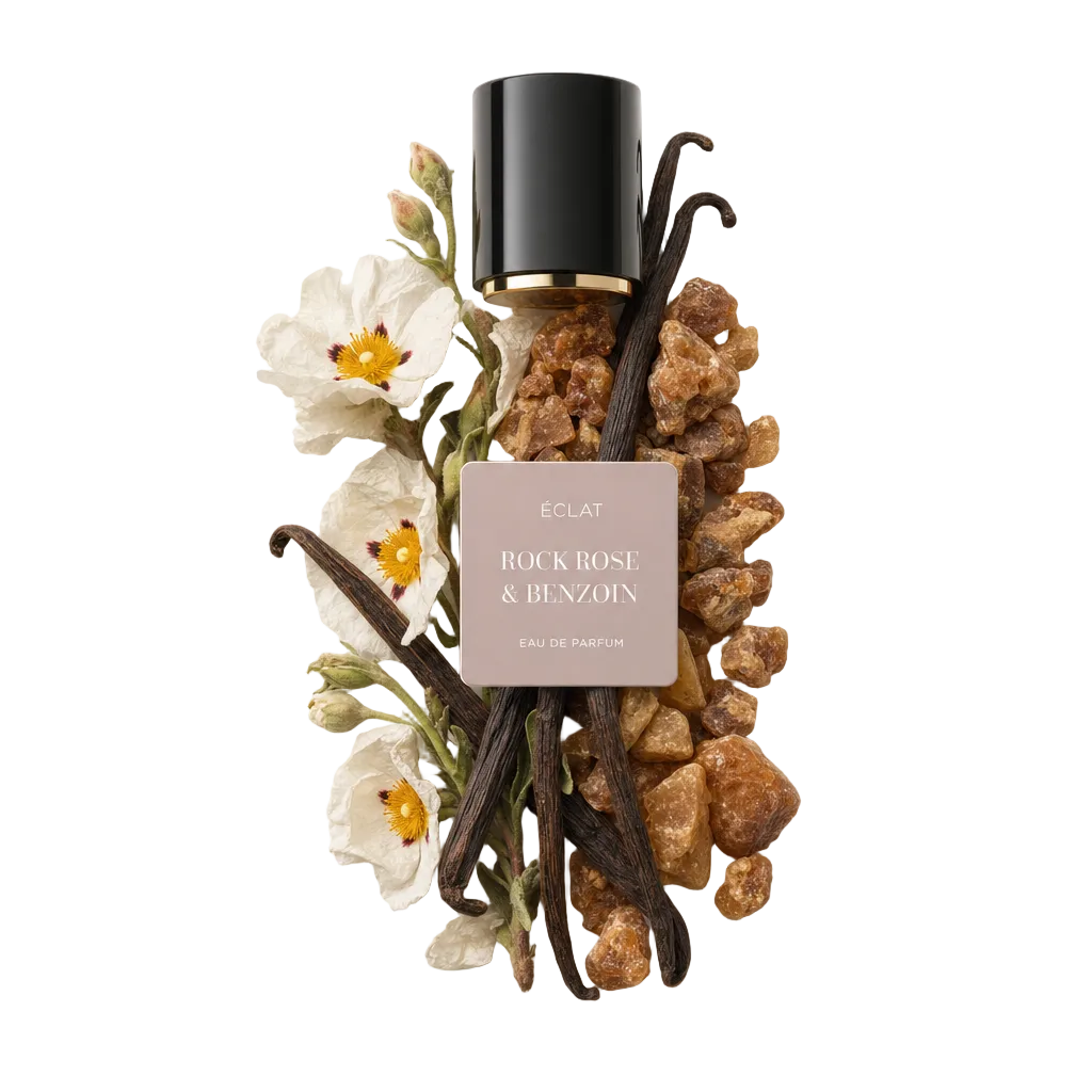 Un arrangement de gousses de vanille, de fleurs de ciste et de résine de benjoin entoure un capuchon noir à bord doré portant l'étiquette ÉCLAT Rock Rose & Benzoin.