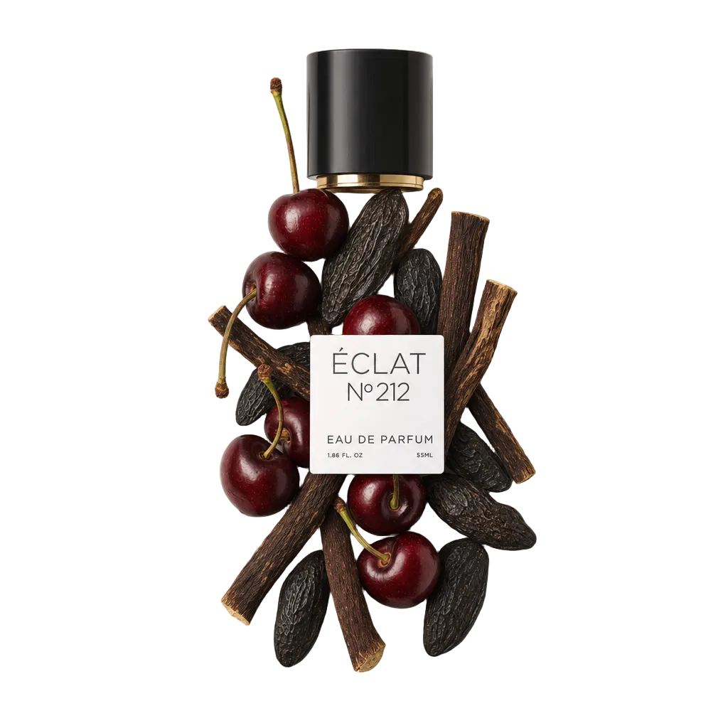 Un arrangement de cerises fraîches et de gousses de vanille entoure un capuchon noir avec une touche dorée, portant l'étiquette ÉCLAT Rose & Cherry.