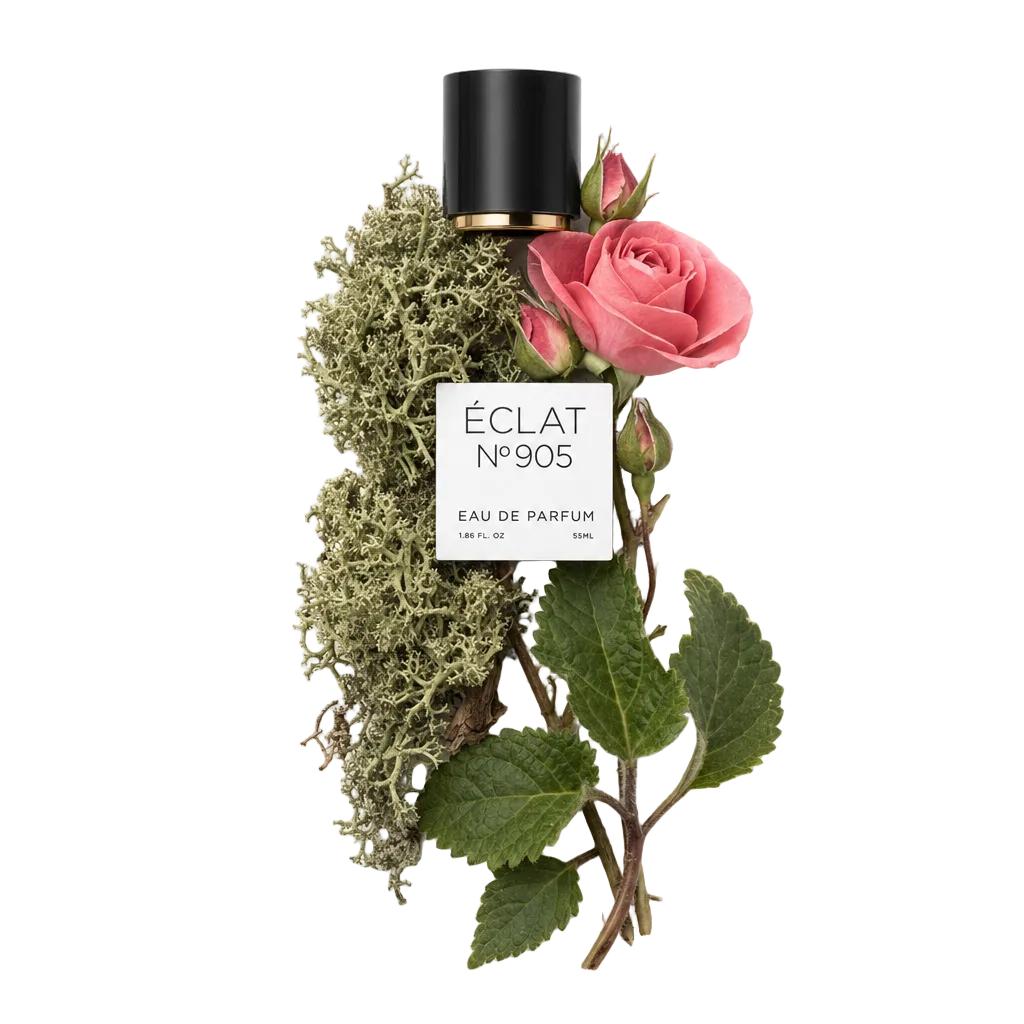 Un arrangement de mousse de chêne verte, une rose rose délicate et des feuilles verdoyantes accompagne un bouchon noir à accent doré, étiqueté ÉCLAT 905 VIP.