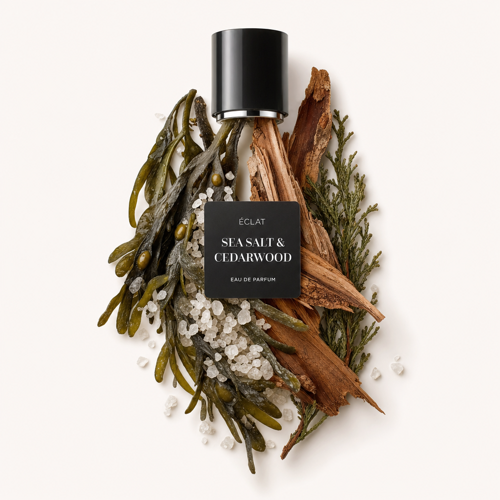 Een arrangement van zeewier, zoutkristallen, cederhout en groene takjes omringt een zwarte dop met het ÉCLAT Sea Salt & Cedarwood label.