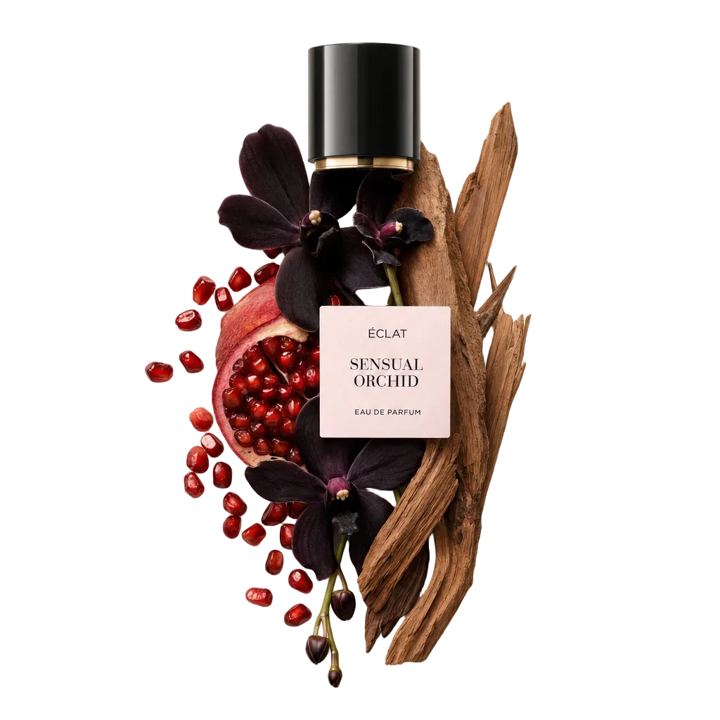 Een arrangement van granaatappelpitjes, donkere orchideebloemen en houten stokken omringen de originele zwarte ÉCLAT Sensual Orchid dop met etiket.
