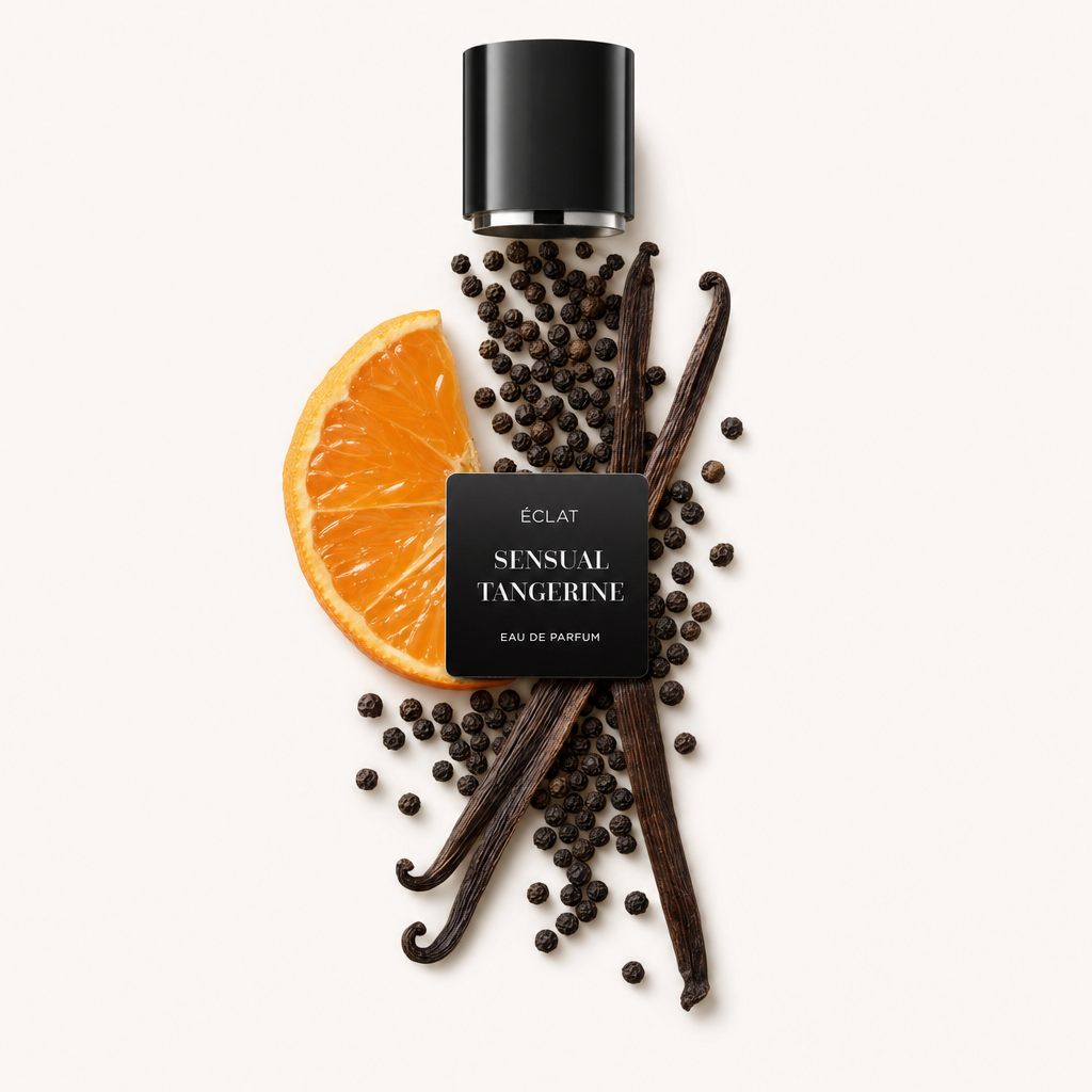 Ett handarrangerat stilleben med en skiva mandarin, vaniljstänger och pepparkorn omger en etikett för ÉCLAT Sensual Tangerine. Ovanför finns en svart lock.