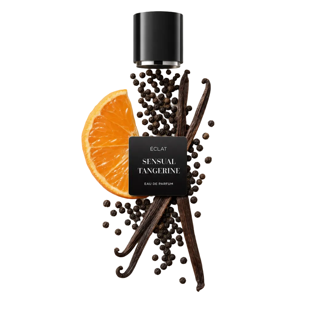 Uma natureza morta disposta à mão, composta por uma fatia de tangerina, vagens de baunilha e grãos de pimenta, envolve uma etiqueta ÉCLAT Sensual Tangerine. Acima está uma tampa preta.