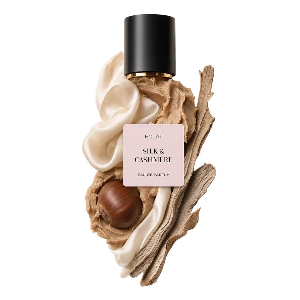 A composition of silk fabric, creamy cashmere notes, and a single nut, accented by a black cap with a label reading ÉCLAT Silk & Cashmere.