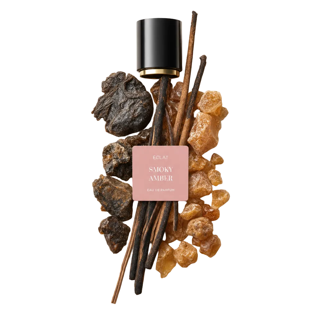 An arrangement of amber pieces, dry wood sticks, and dark resin with the ÉCLAT Smoky Amber cap featuring a black and gold design.