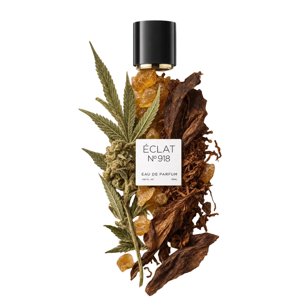 Un arrangement de notes de oud fumé avec des feuilles séchées et de l'ambre, surmonté d'un bouchon noir avec étiquette, ÉCLAT 918 VIP.