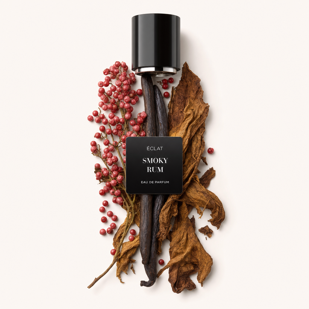 Un arrangement de feuilles de tabac séchées, de baies de poivre rose et de gousses de vanille entoure un bouchon noir avec une étiquette portant ÉCLAT Smoky Rum.