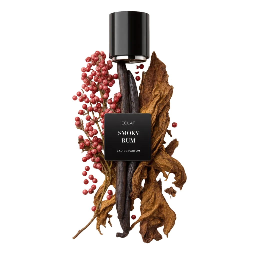 Um arranjo de folhas de tabaco secas, bagas de pimenta rosa e vagens de baunilha envolve uma tampa preta com o rótulo ÉCLAT Smoky Rum.