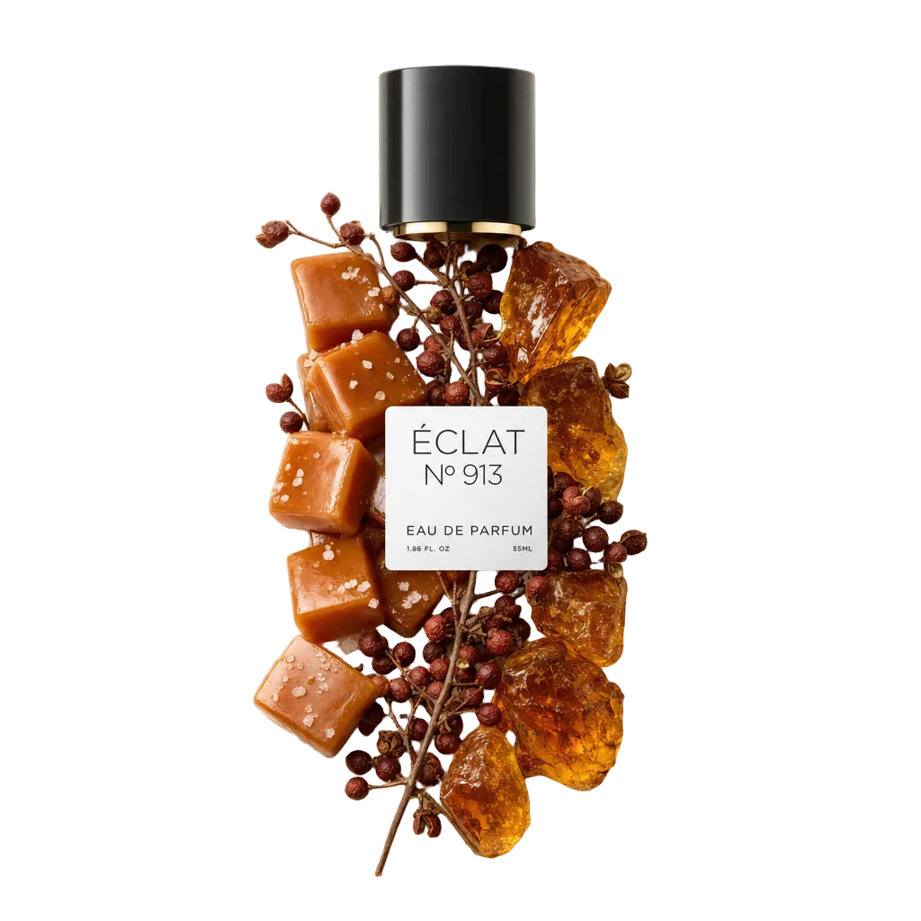 A hand-arranged still life of ÉCLAT Spicy Caramel ingredients with caramel squares, amber-like resin pieces, and pepper berries surrounding a black cap with a labeled tag.