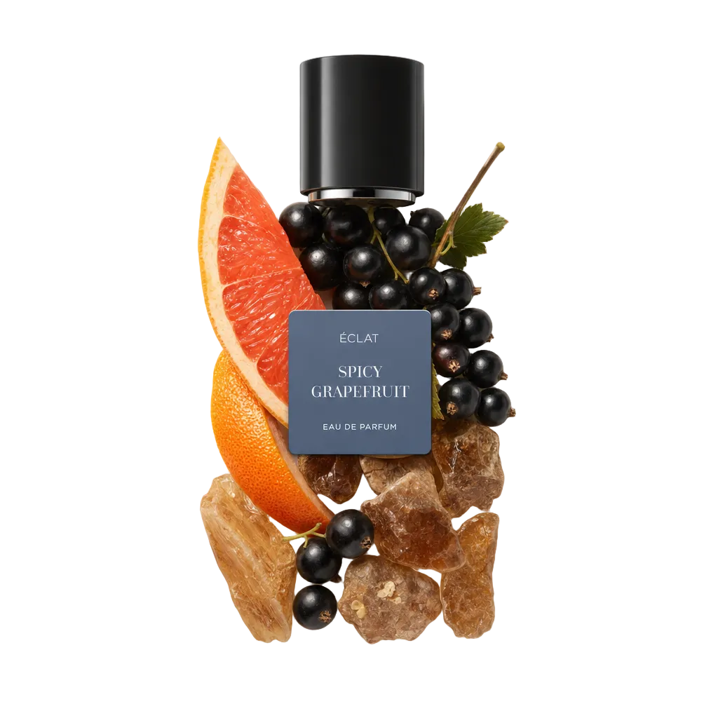 Um arranjo de fatia de toranja, groselhas negras e cristais de âmbar envolve uma tampa preta com etiqueta ÉCLAT Spicy Grapefruit.