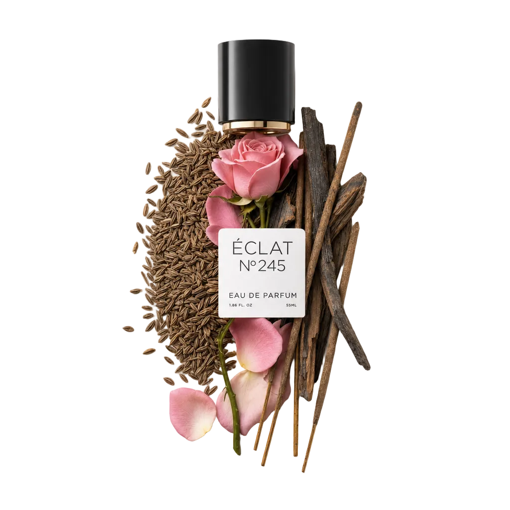 Une composition de pétales de rose, graines de cumin et bâtonnets d'encens entoure un capuchon noir ÉCLAT avec une étiquette élégante.