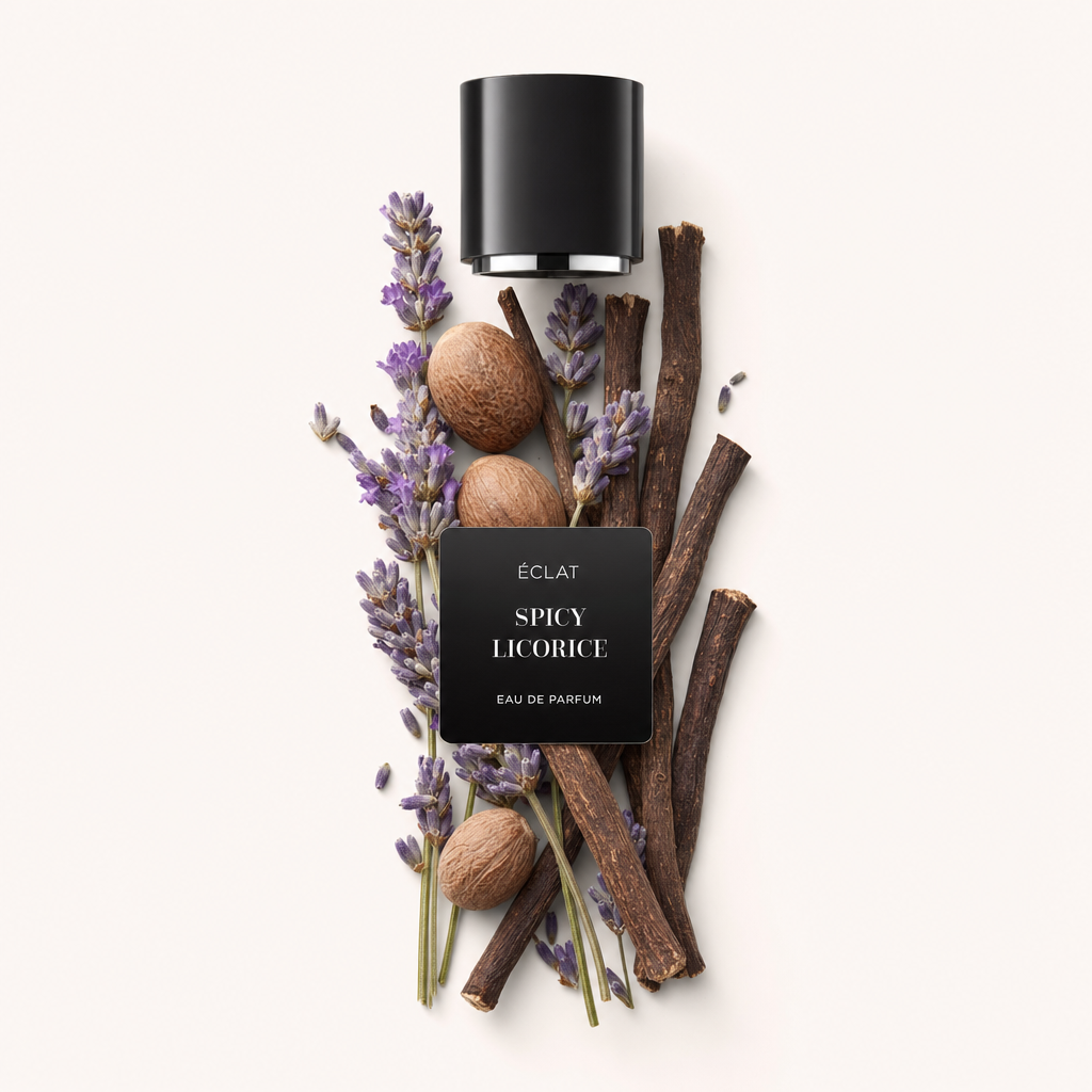 Een arrangement van lavendeltakken, nootmuskaatzaadjes en zoethoutstokken met een zwarte ÉCLAT Spicy Licorice dop erboven, met een elegant etiket.
