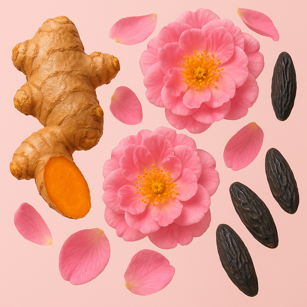 La imagen muestra flores de rosa de color rosa vibrante acompañadas de raíz de jengibre y habas de tonka de tonos oscuros sobre un fondo rosa suave.