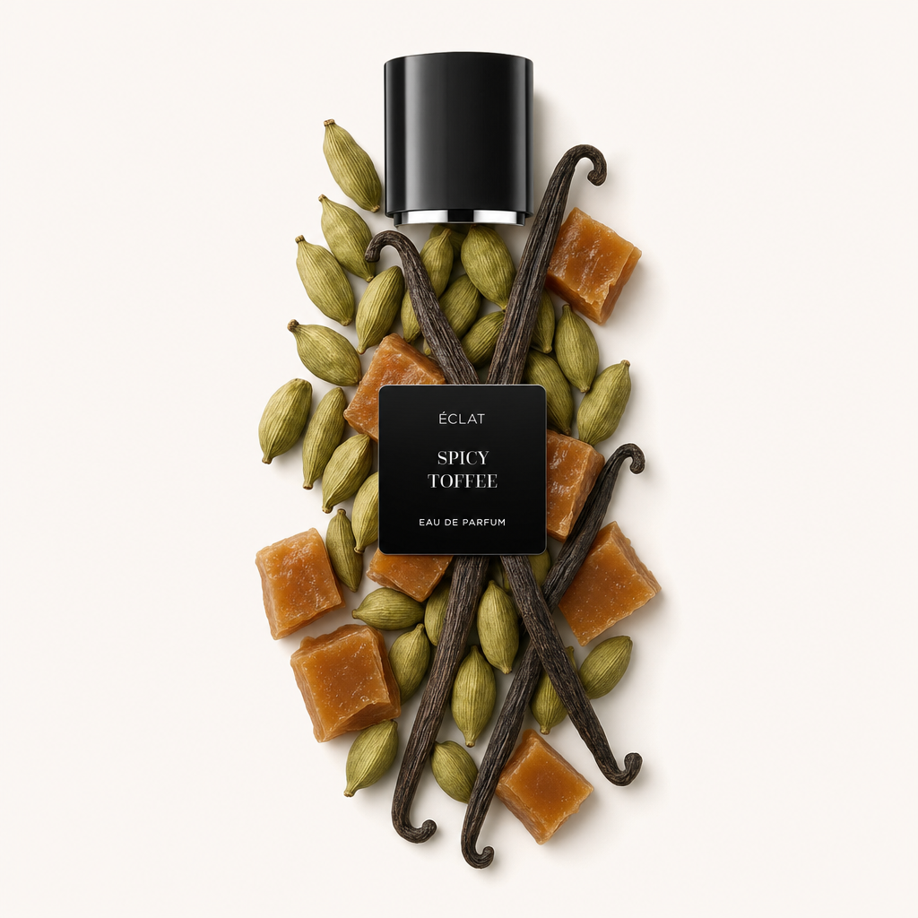 Un arreglo artístico de vainas de cardamomo, vainas de vainilla y piezas de caramelo rodea la tapa negra con una placa con la etiqueta ÉCLAT Spicy Toffee Eau de Parfum.