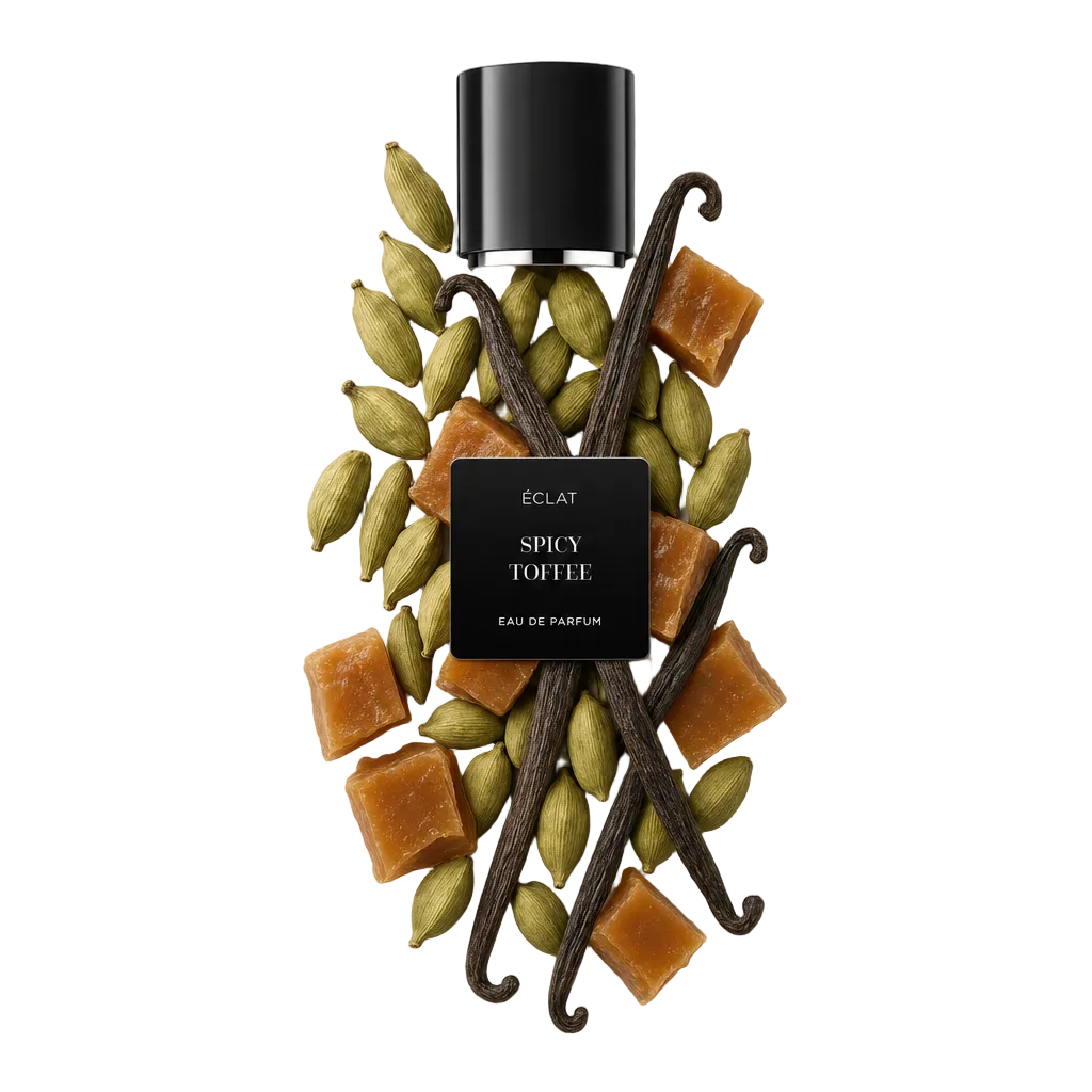 An artistic arrangement of cardamom pods, vanilla beans, and caramel toffee pieces surrounds the black cap with a labeled ÉCLAT Spicy Toffee Eau de Parfum plaque.