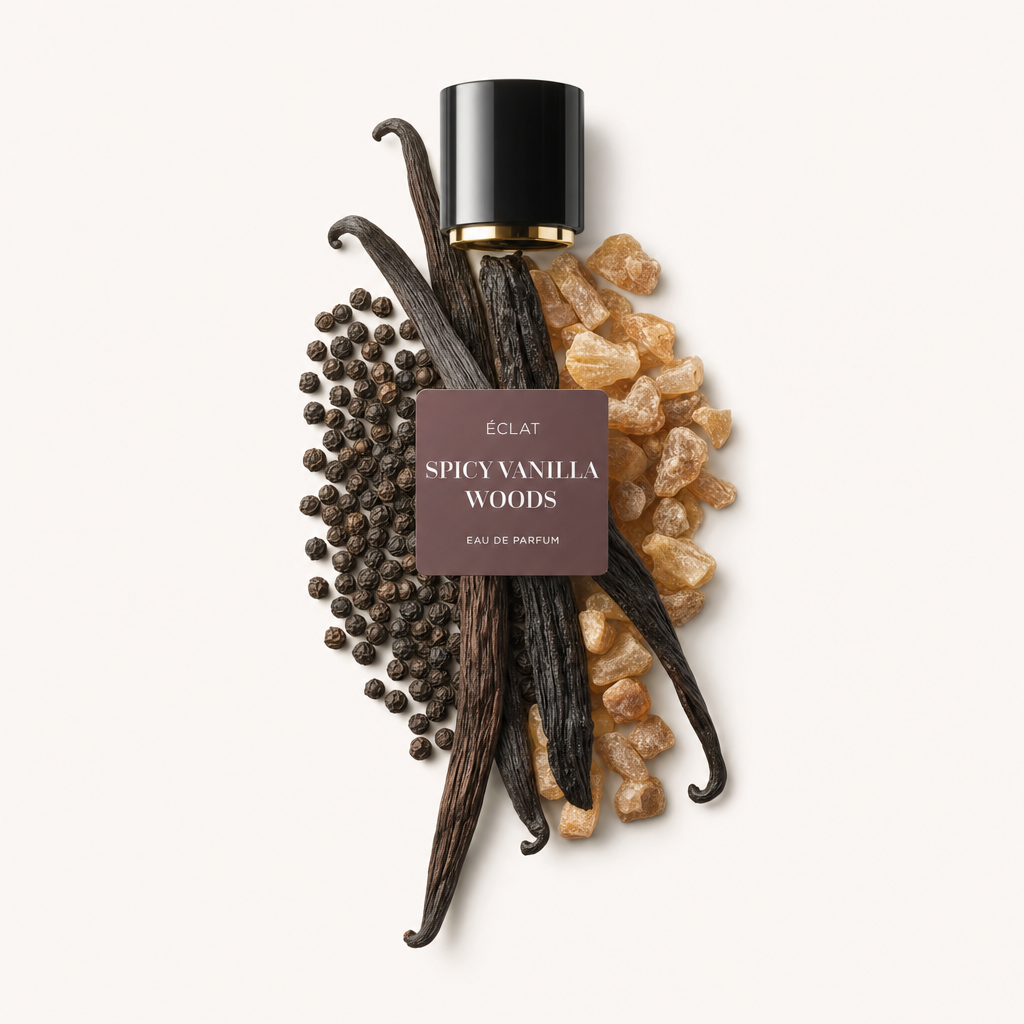 Un arrangement de gousses de vanille, de grains de poivre noir et de morceaux d'ambre résineux forme un tableau naturel autour du bouchon noir avec étiquette ÉCLAT Spicy Vanilla Woods.