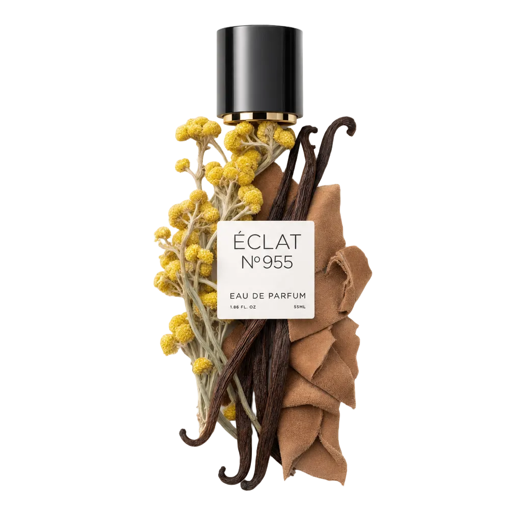 Un arrangement de fleurs jaunes, de gousses de vanille et de morceaux de daim entoure le bouchon noir original avec une étiquette pour ÉCLAT Suede & Vanilla.