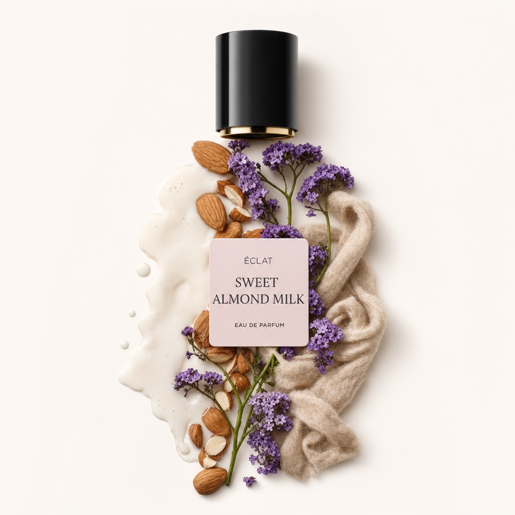 An arrangement of almonds, lavender flowers, and a soft fabric surrounds a black cap with a gold trim and labeled tag for ÉCLAT Sweet Almond Milk.