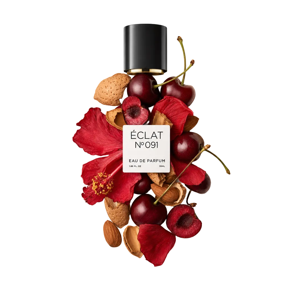 Μία σύνθεση από κεράσια, κελύφη αμυγδάλου και κόκκινα πέταλα ιβίσκου περιβάλλει ένα μαύρο καπάκι με την ετικέτα ÉCLAT Sweet Amaretto.