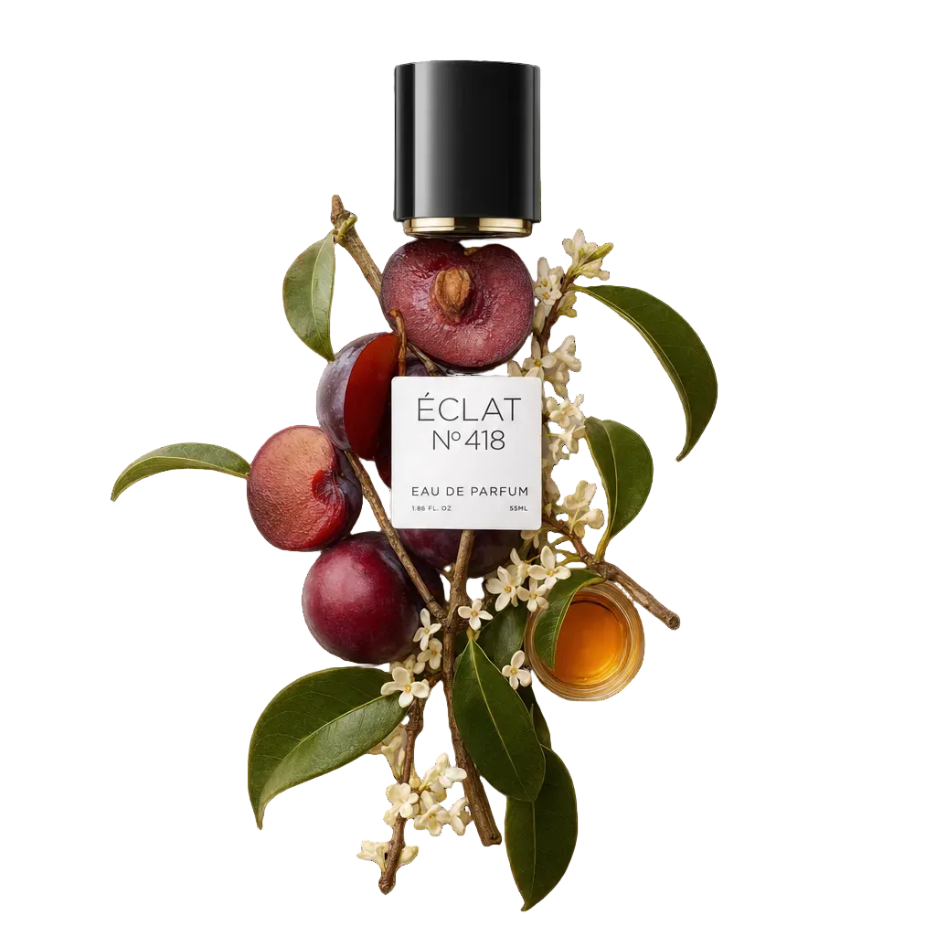 An arrangement of fresh plums, green leaves, and delicate blossoms with a black cap and label for ÉCLAT Sweet Cherry Plum.