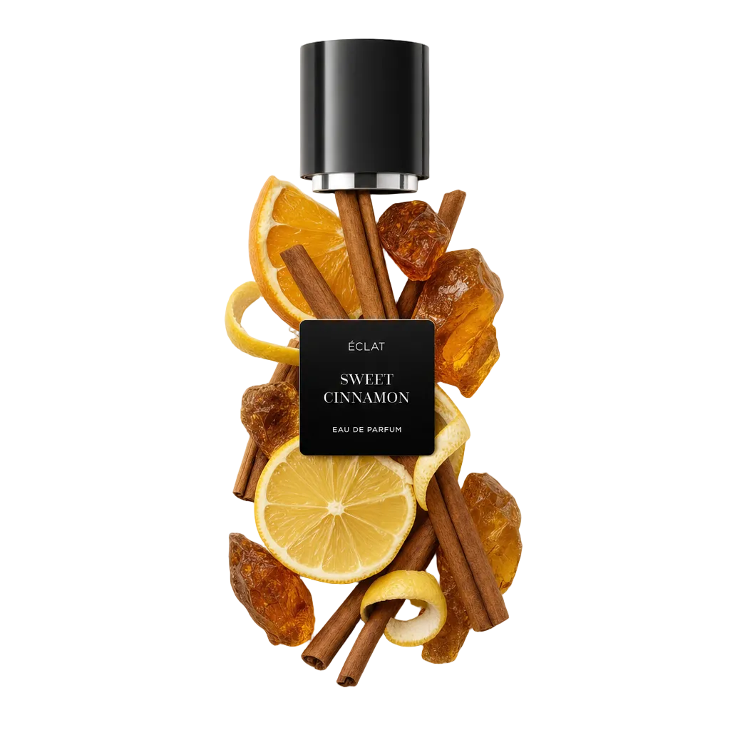 Een arrangement van kaneelstokjes, plakken citrus en amberhars rond een zwarte dop met ÉCLAT Sweet Cinnamon-etiket.